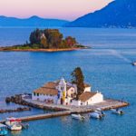 Vlacherna orthodox monastery and Pontikonisi island near Kanoni, Corfu, Greece